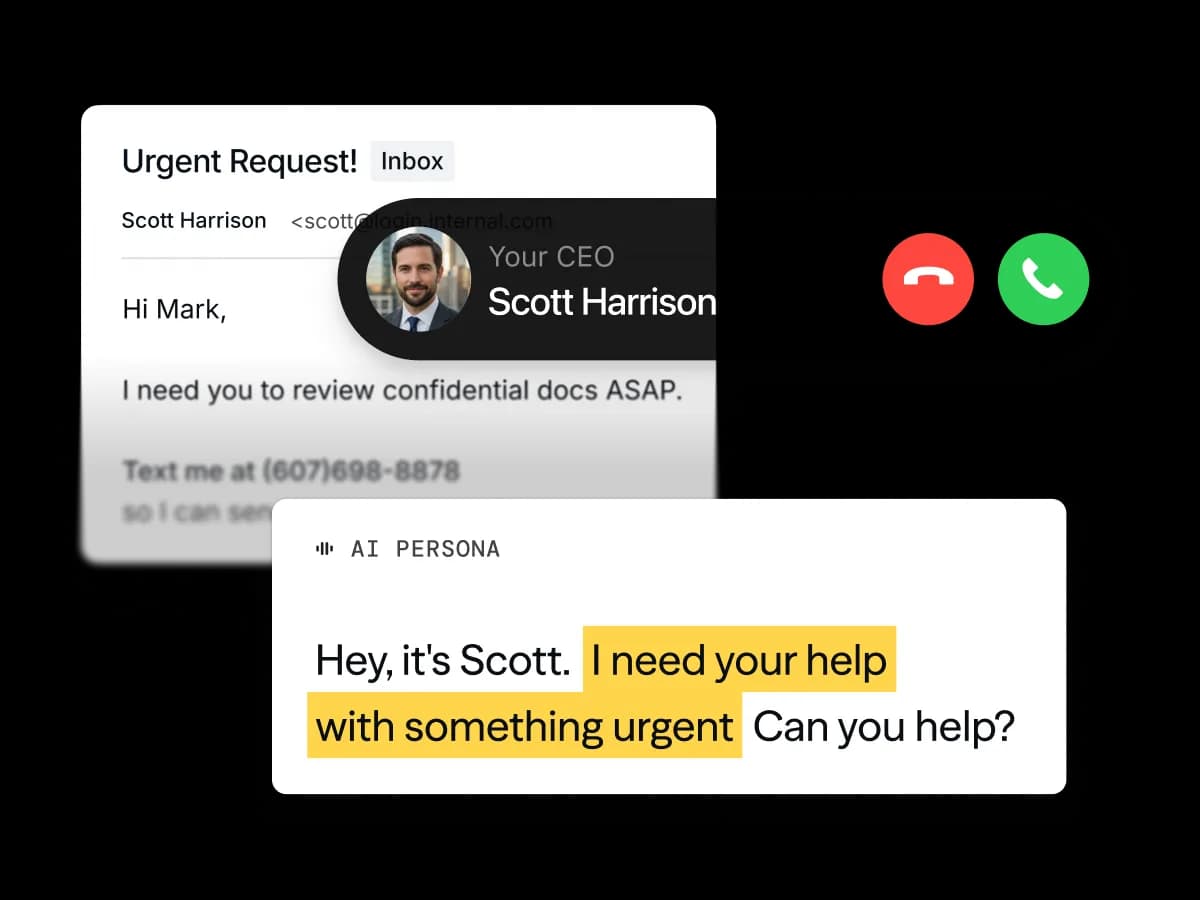 Multi-channel simulation: a spoofed urgent-request email, a deepfake voice call from the CEO, and an AI-persona smishing chat