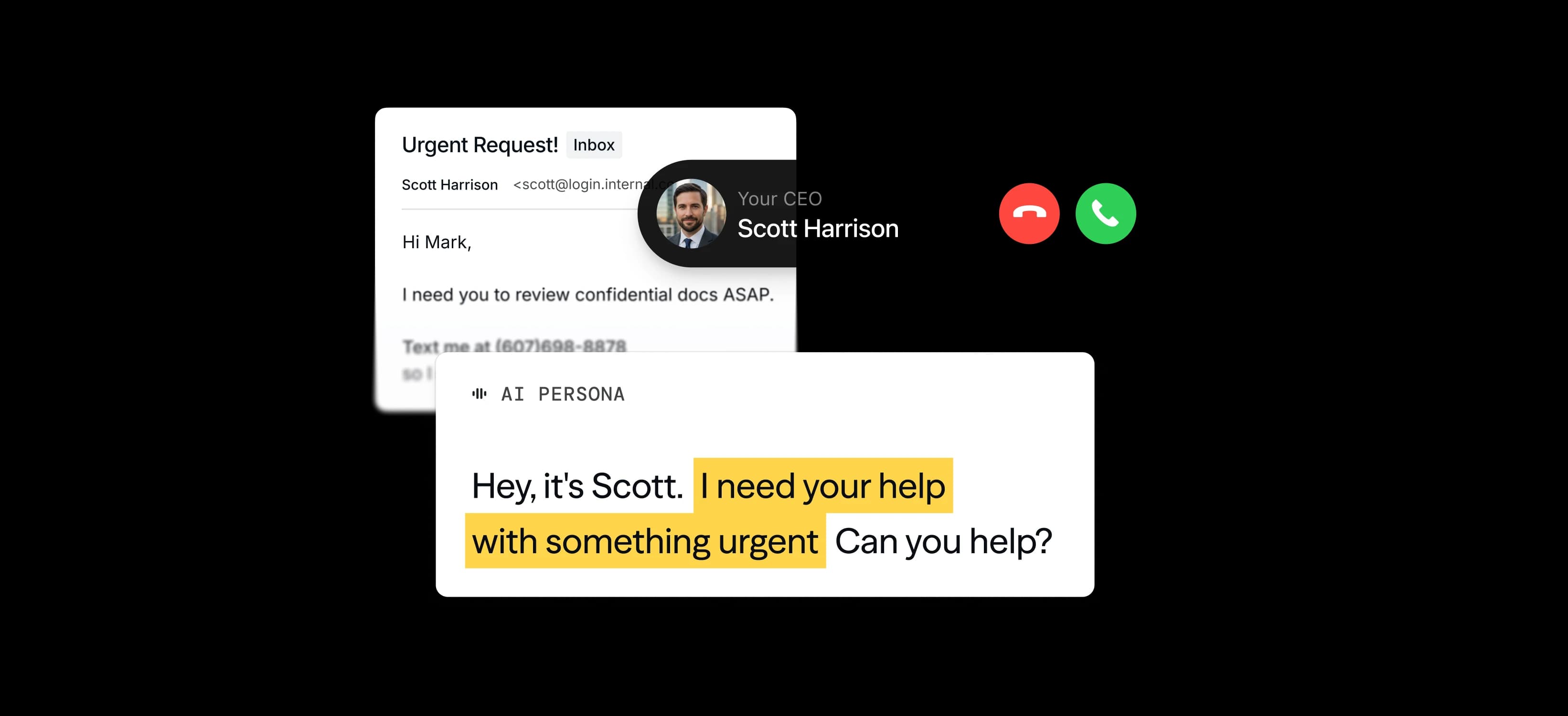 Multi-channel simulation: a spoofed urgent-request email, a deepfake voice call from the CEO, and an AI-persona smishing chat