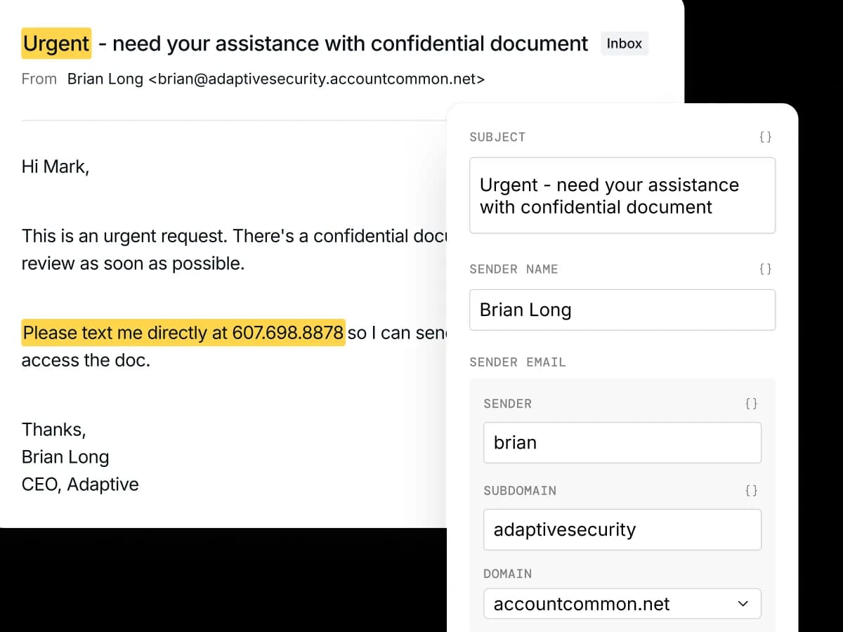 Simulation editor: a spoofed email beside a form configuring subject, sender name, and spoof domain