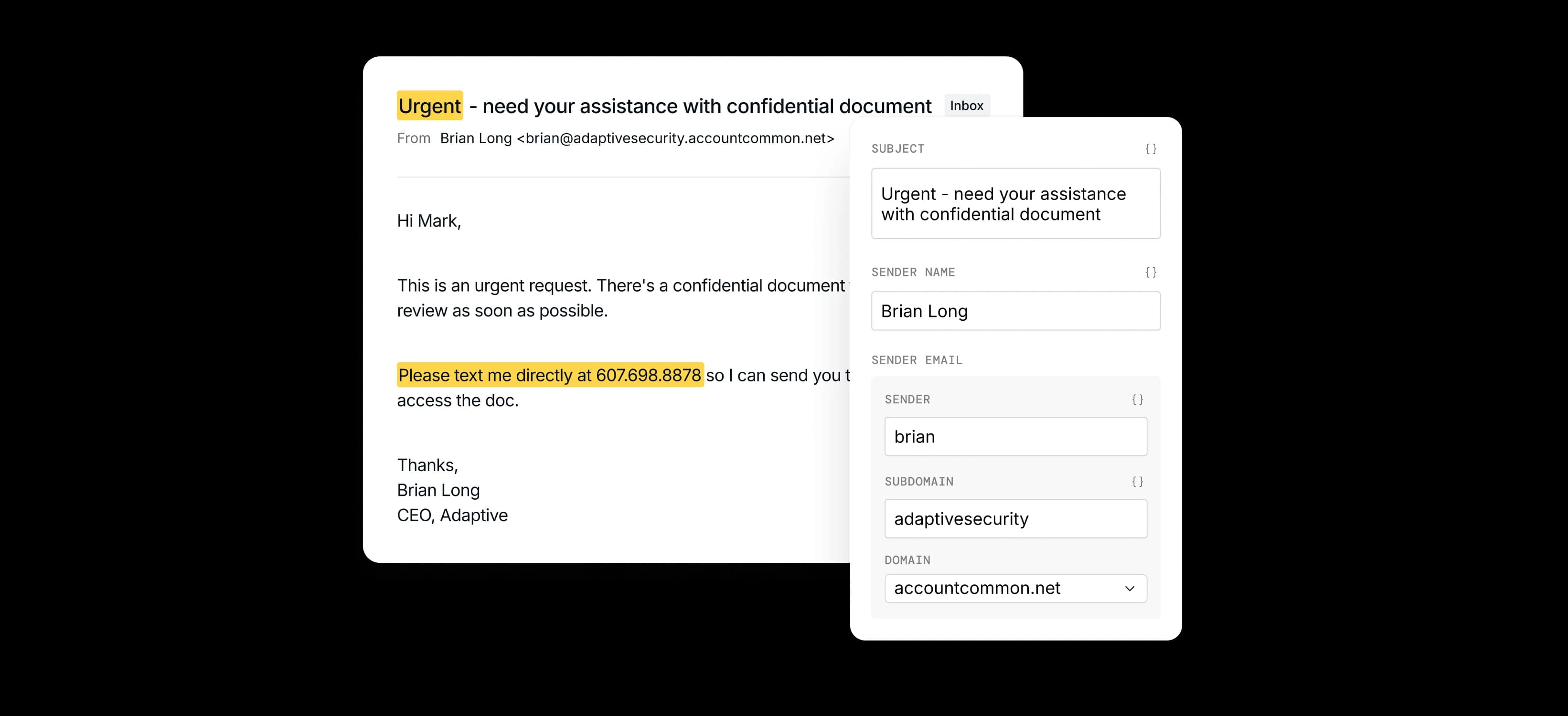 Simulation editor: a spoofed email beside a form configuring subject, sender name, and spoof domain
