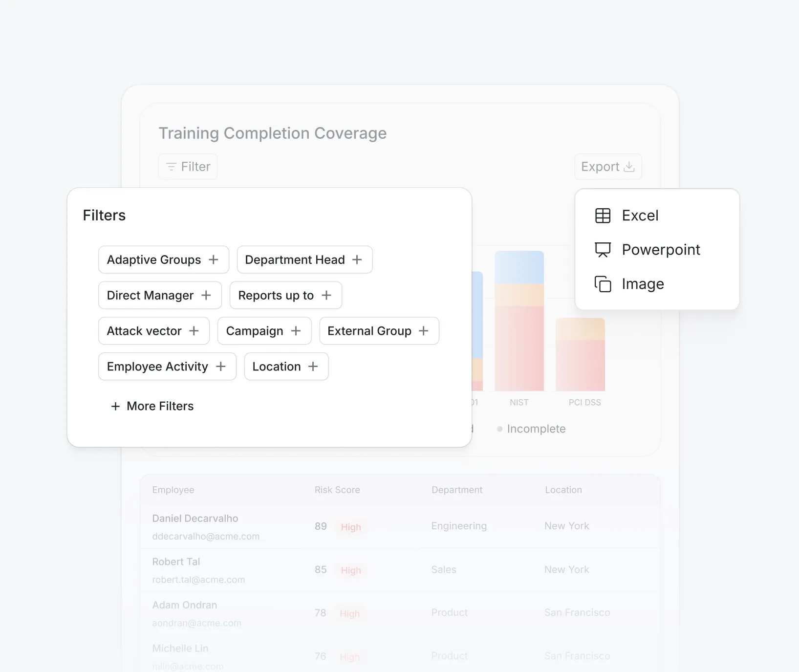 Custom report configuration panel with department, location, and group filters