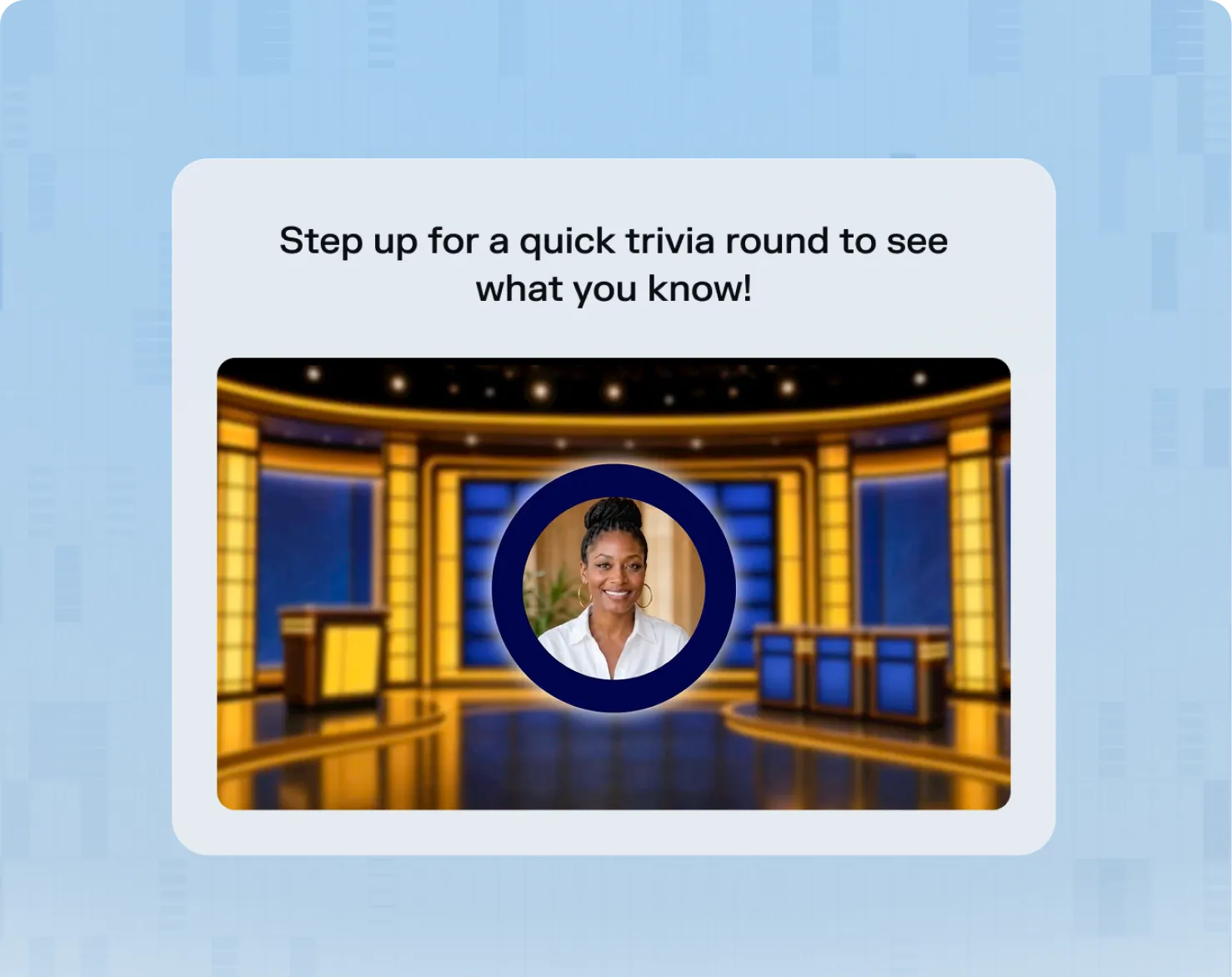 AI basics trivia game with a game-show stage and host.
