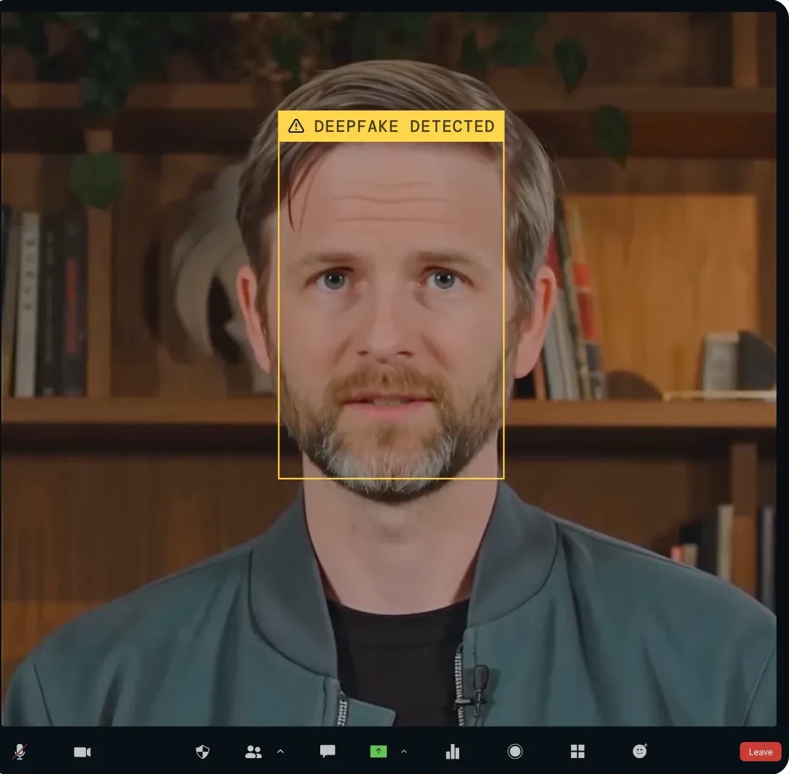 Video call showing an AI-generated deepfake persona, flagged with a deepfake-detection bounding box and tips for spotting one