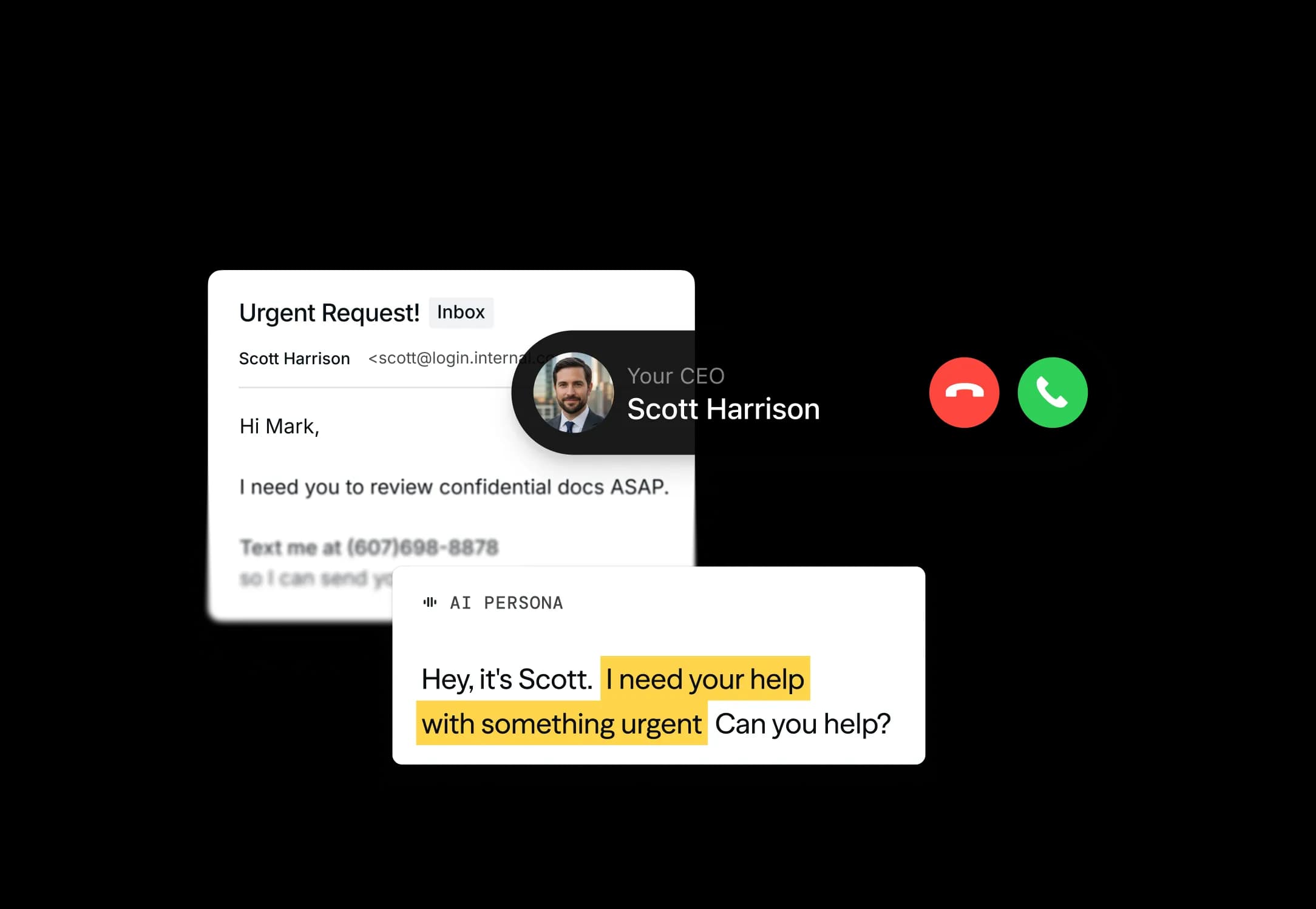 An urgent spoofed email, an impersonated CEO phone call, and an AI-generated voice message.