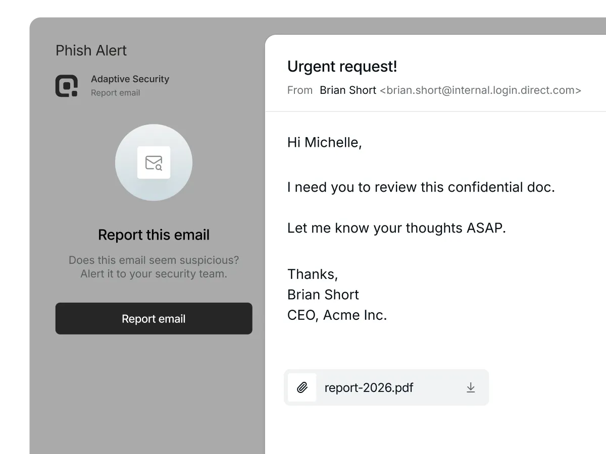 Phish Alert Button inside Gmail with Report this email modal overlay