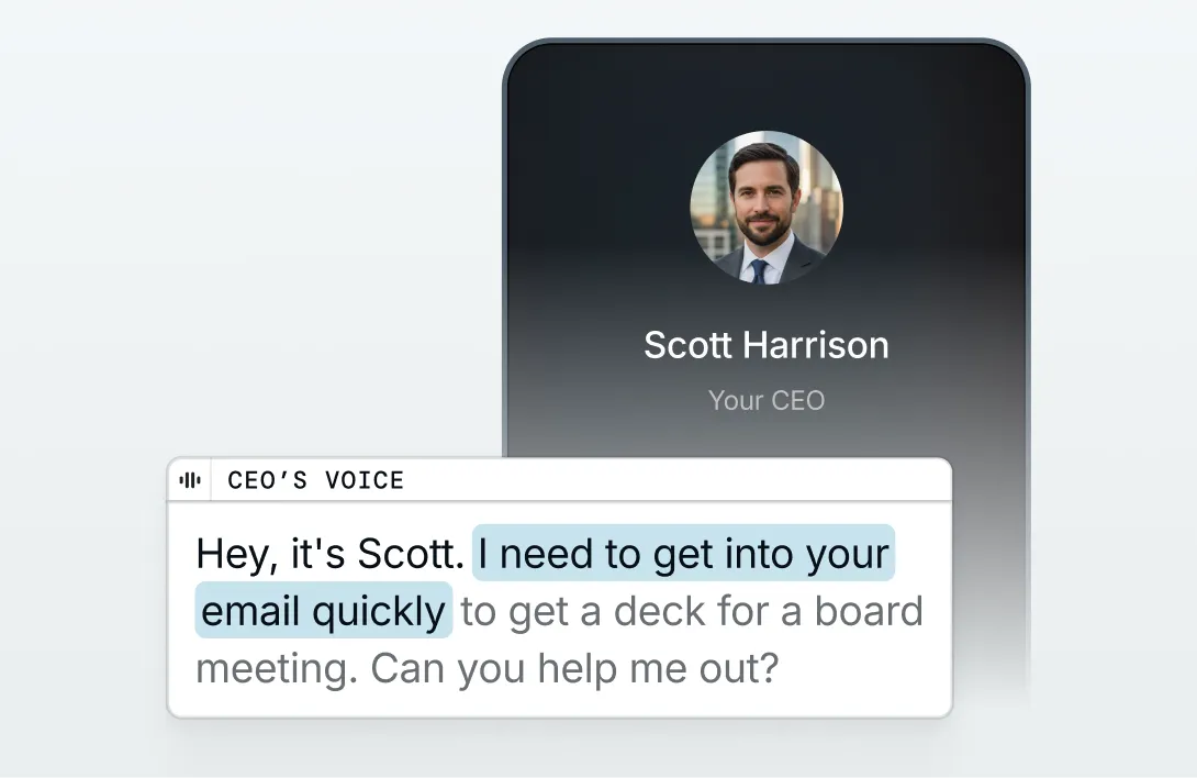 CEO voice impersonation phishing call with AI-generated transcript
