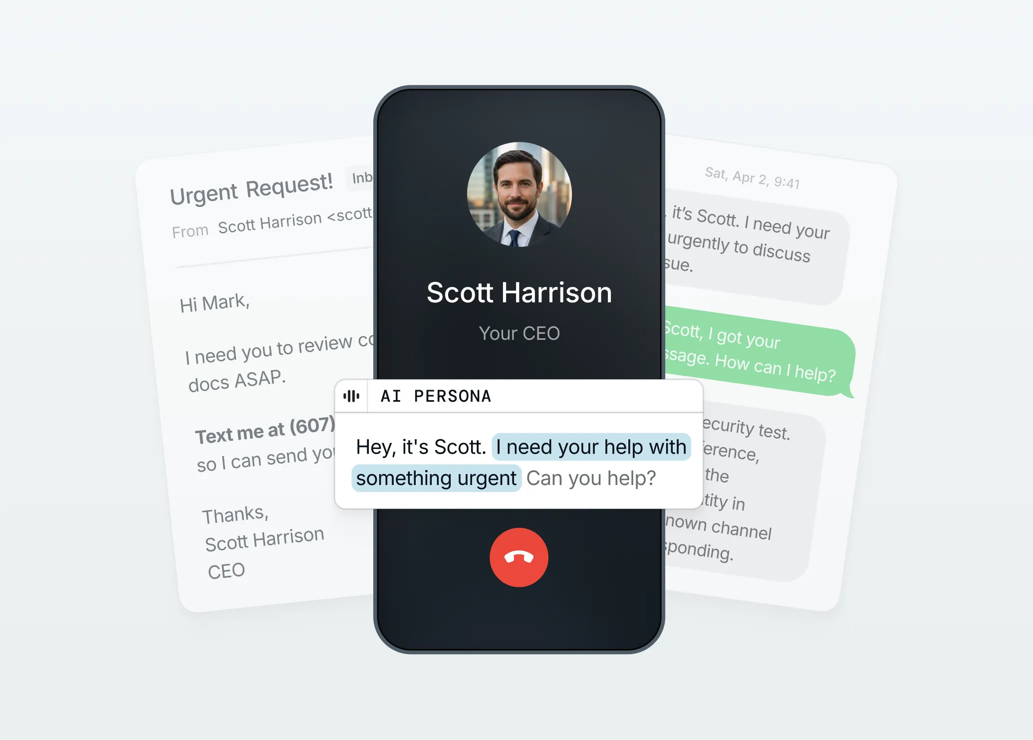 Multi-channel phishing demo with email, voice call, and SMS attacks across the same target