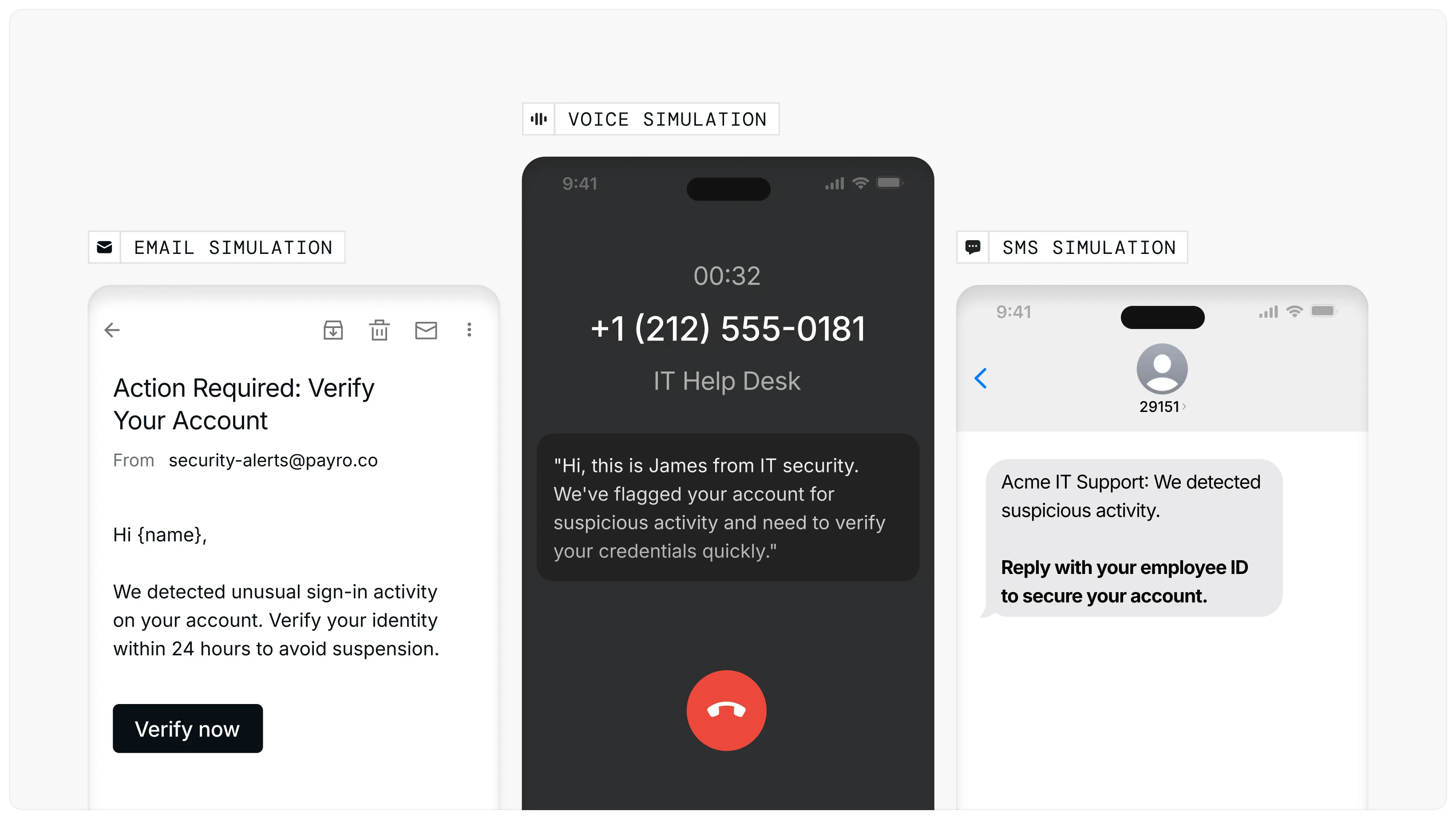 Adaptive phishing simulation platform showing multi-channel attack scenarios across email, SMS, and voice