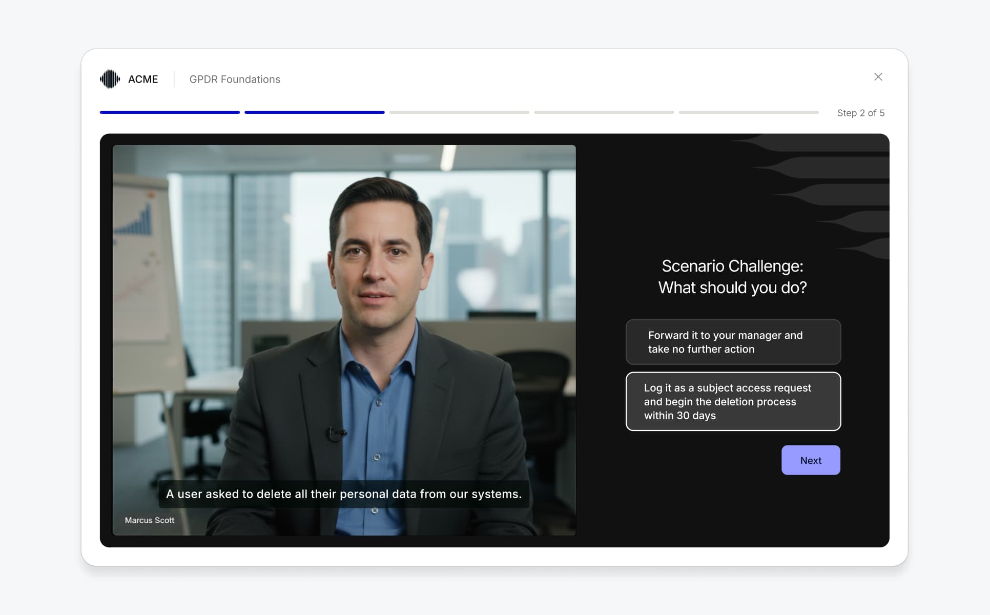 Interactive scenario challenge inside a compliance training module with a video walkthrough