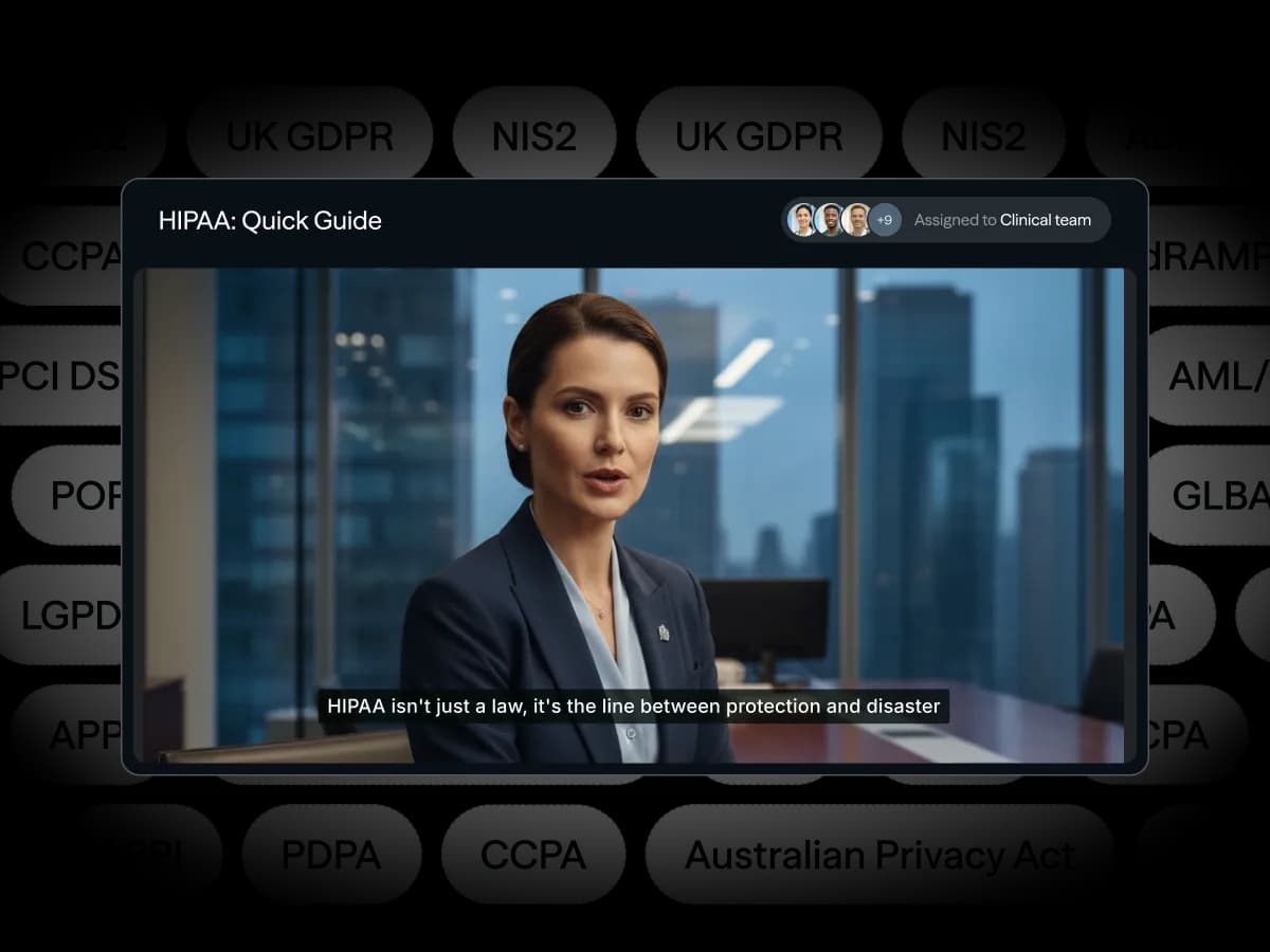 Compliance module library showing PCI DSS Quick Guide, AML/CFT Compliance, GDPR Basics, Data Protection, Unconscious Bias, Bystander Intervention, and Cyberbullying modules