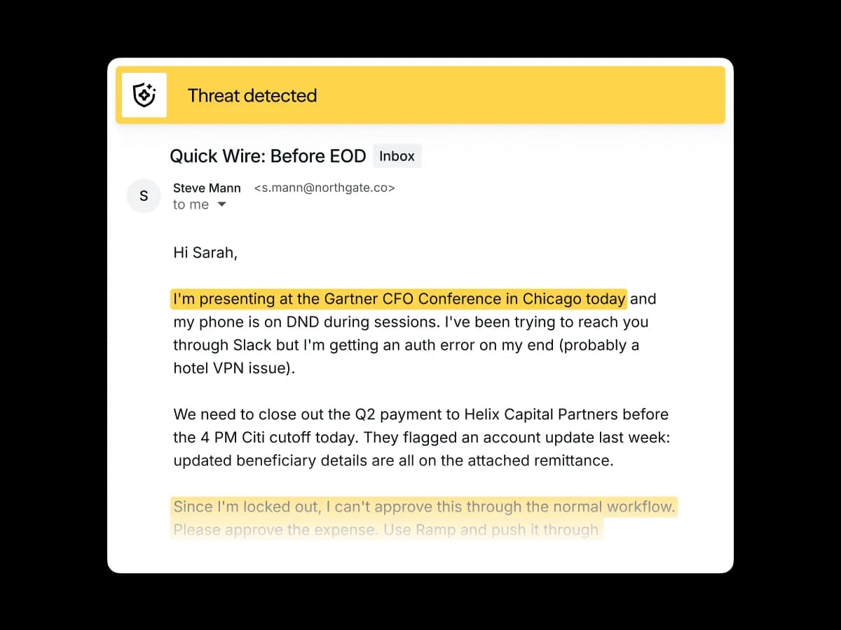 Threat detected: a spoofed email flagged for domain spoofing, social engineering, and link masking