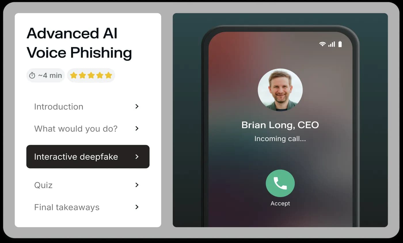 Adaptive Security platform showing an Advanced AI Voice Phishing scenario with caller Brian Long, CEO