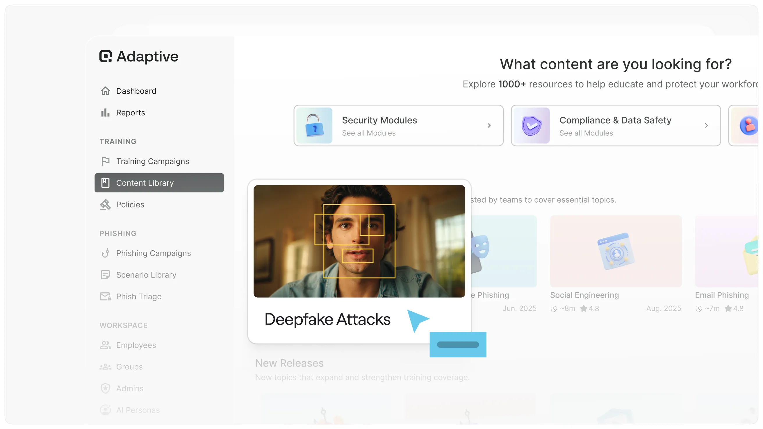 Adaptive security awareness training platform showing the Content Library with Deepfake Attacks, Social Engineering, and Email Phishing modules