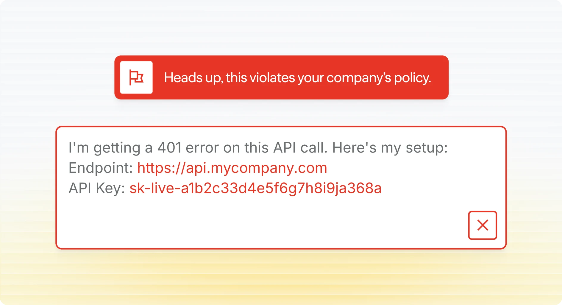 Adaptive flags an API key in an AI prompt with a company policy warning.
