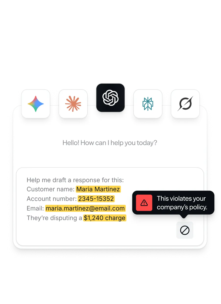 Chat panel blocking a message containing customer PII with a policy-violation warning
