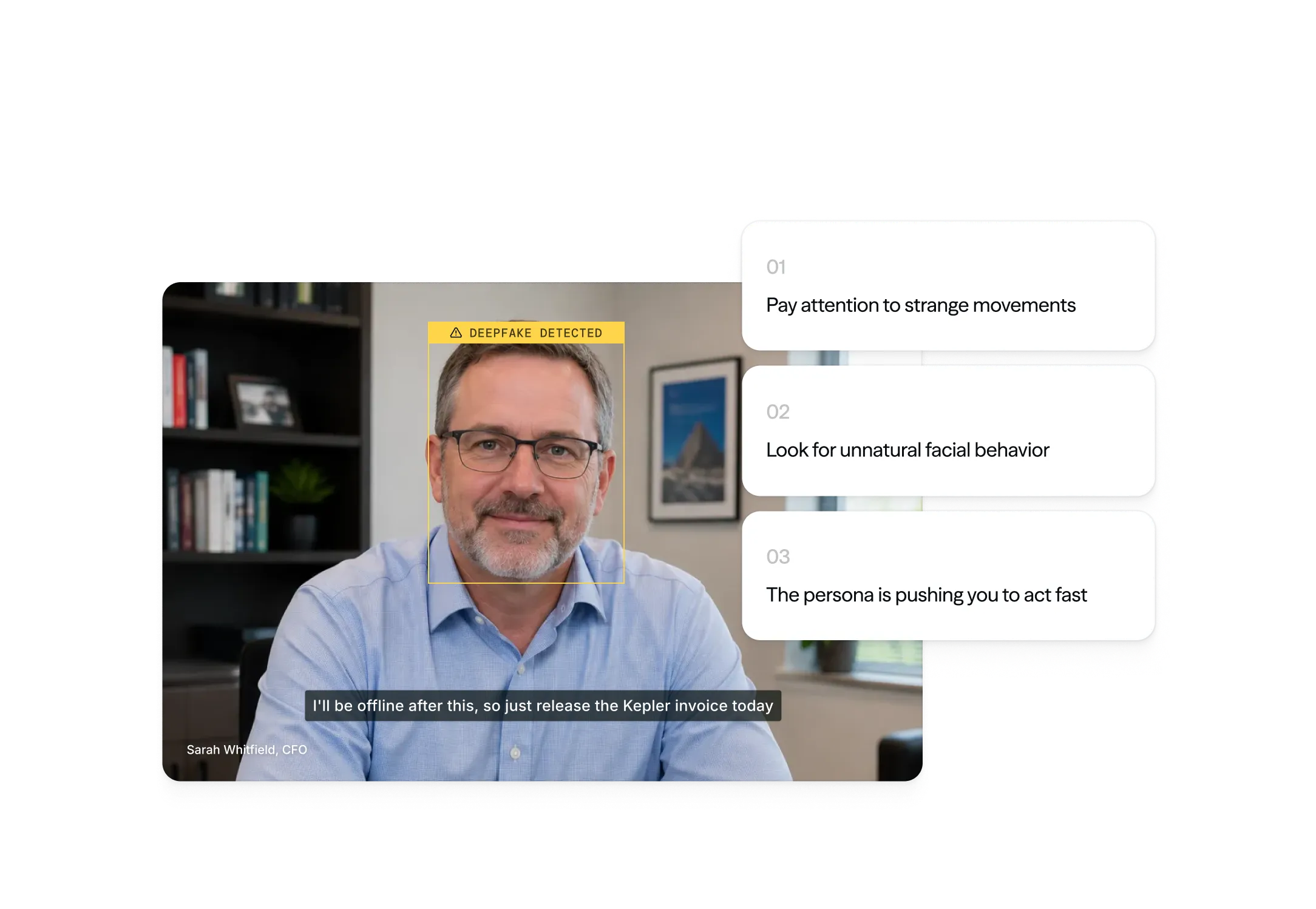Video call flagged with a deepfake-detected warning during a live meeting