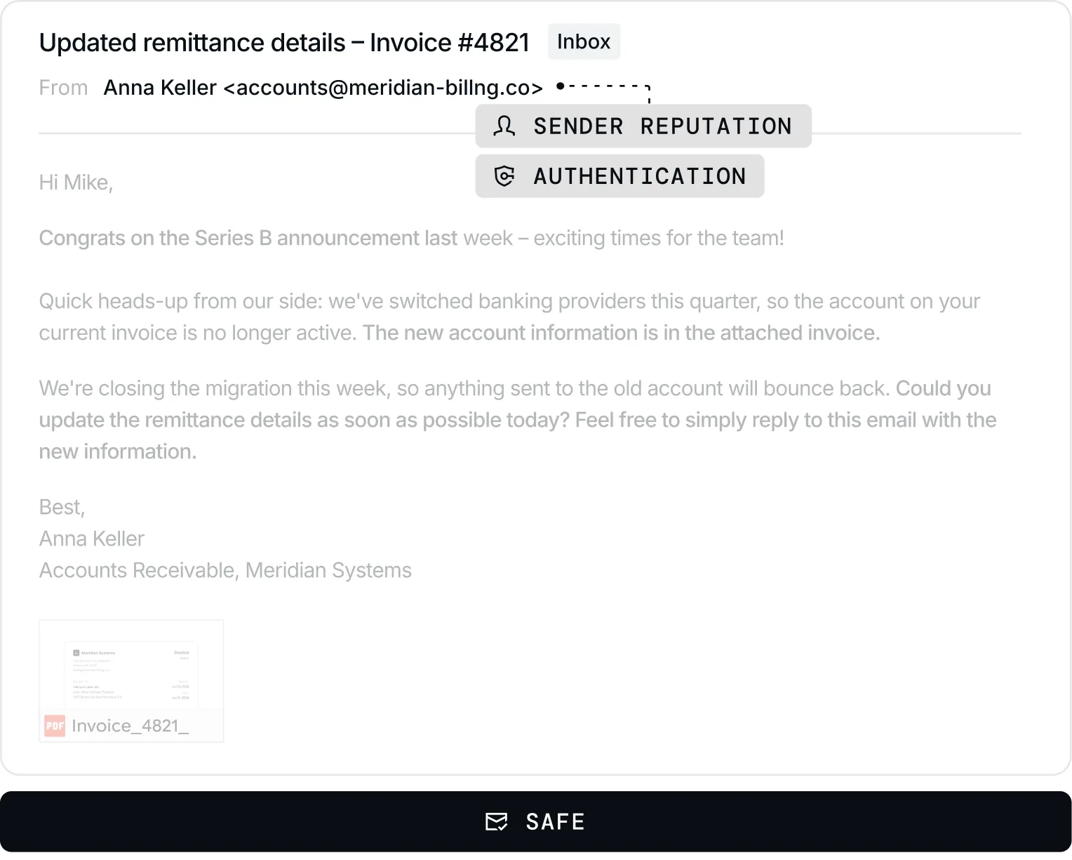 Other email security marking a vendor bank-detail-change email as safe